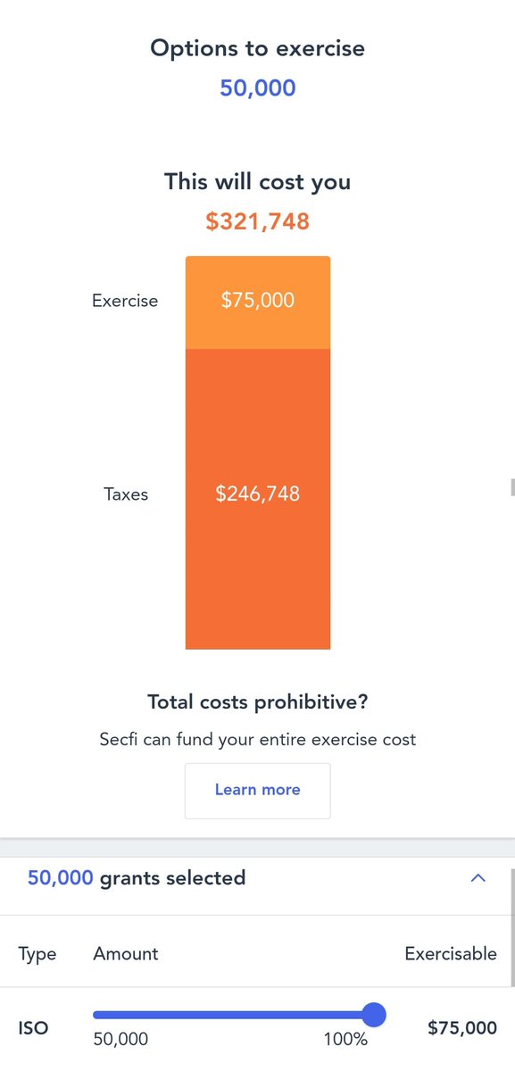 Say in 2017 you join DoorDash as an engineer and get 50,000 ISOs at a $1.50 strike price.Two years later you consider exercising (ignore vesting). Pre-tax, that would cost 50,000 * $1.5 = $75Assume the 409A value is now around $15, then taxes crank that cost up to $321,748 