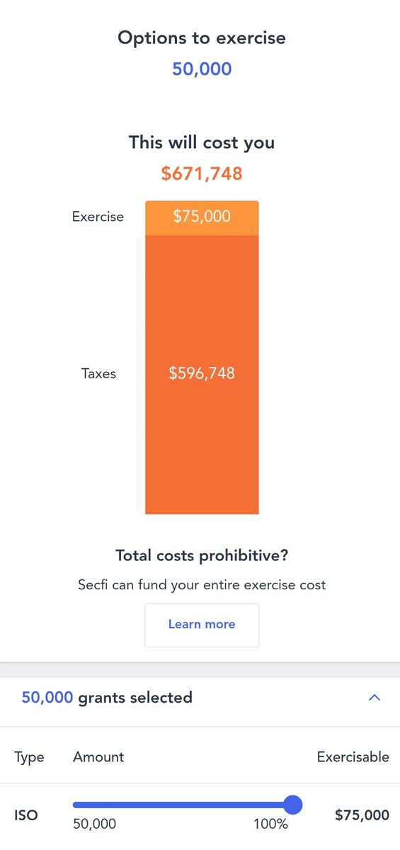 You decide not to exercise. Fast-forward to September 2020. Rumors of an IPO start to spread, and you look into your ISOs again.By now, the 409A value has grown to around $35. This increases your tax liability, bringing total exercises costs to… $671,748 