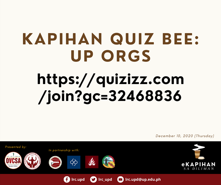 lrc_upd's tweet image. Bagong araw, bagong quiz bee! Ngayon ay may pa-quiz tayo tungkol sa #UPOrgs.

Sumali rito: quizizz.com/join?gc=324688…

🌻
#TeamDLRC @updilimanovcsa #UPDOCG @upcssc @UFCUPDiliman @GabayIsko

#KapihanSaDiliman #eKapihanSaDiliman2020