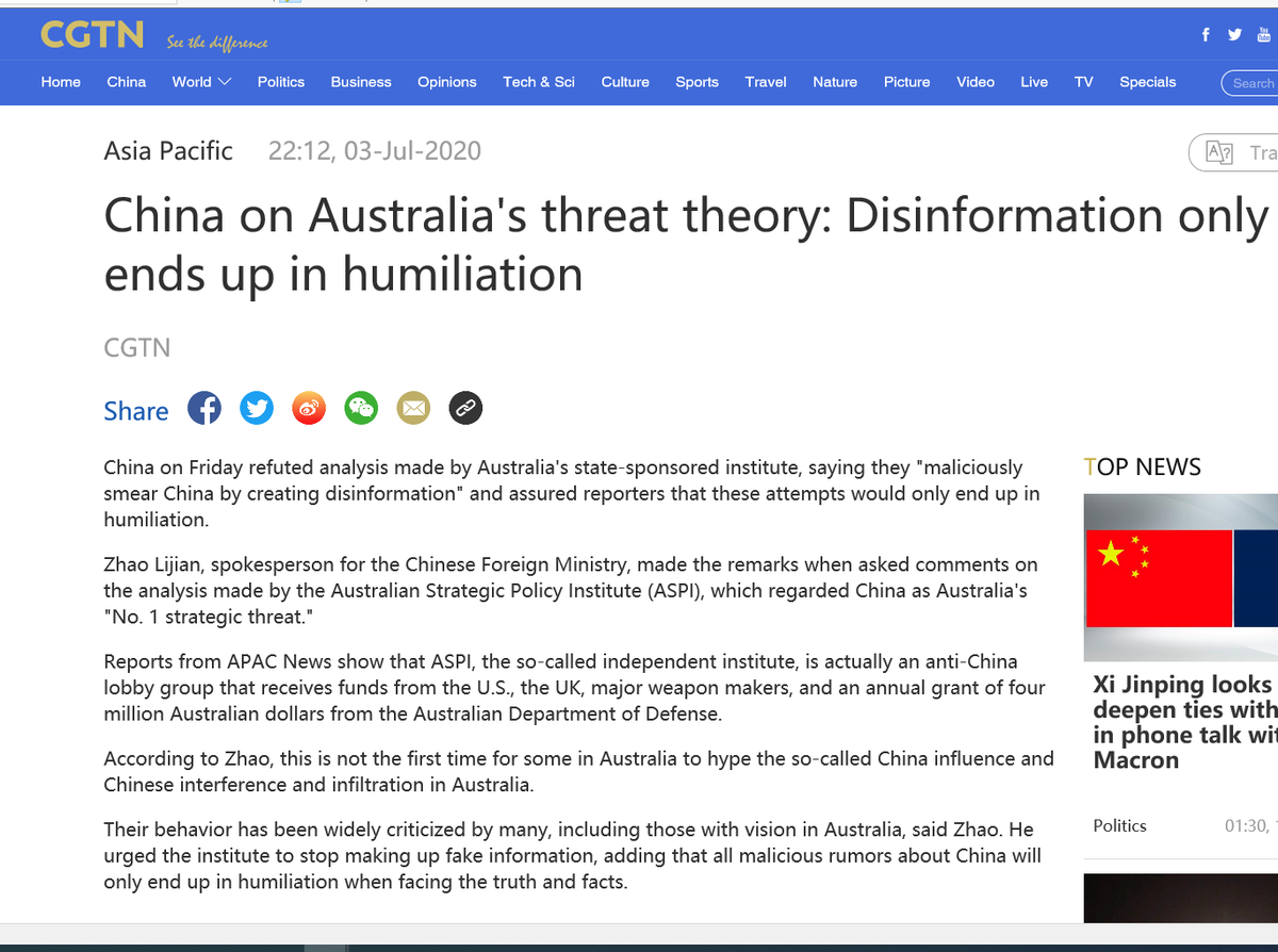 Australia: The  #seenoevidence brigade and their claims of the current situation resulting from Australia's unnecessary reactions to an imagined China threat remind me most of the PRC's CGTN and Xinhua https://news.cgtn.com/news/2020-07-03/China-Australia-s-threat-theory-will-only-end-up-in-humiliation-RPAu0UFGVi/index.html