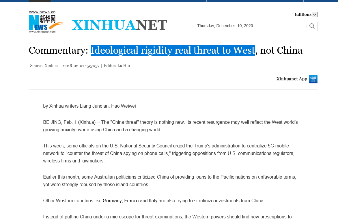 Australia: But I can only heartily agree with Xinhua on this point: "Ideological rigidity real threat to West" http://www.xinhuanet.com/english/2018-02/01/c_136942136.htm