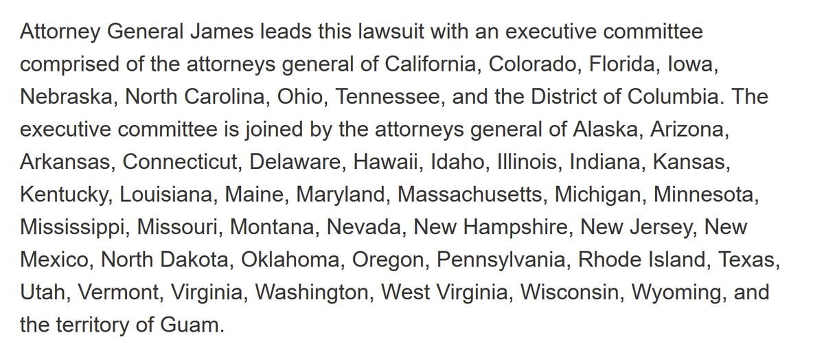 28/ I have correction to the top tweet.There are 48 states AND territories who are suing Facebook.That's attorney generals from 46 states, Guam, & the District of Columbia.Which 4 states didn't join in?AlabamaGeorgiaSouth CarolinaSouth DakotaMore https://ag.ny.gov/press-release/2020/attorney-general-james-leads-multistate-lawsuit-seeking-end-facebooks-illegal