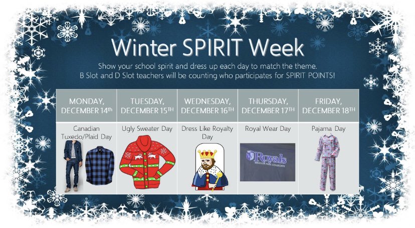 MsOlynyk's tweet photo. Show your school spirit and earn grade points with our “Winter Spirit Week” dress up days! @wpcLRSD #wearthecrown https://t.co/3X8RyxWZfX