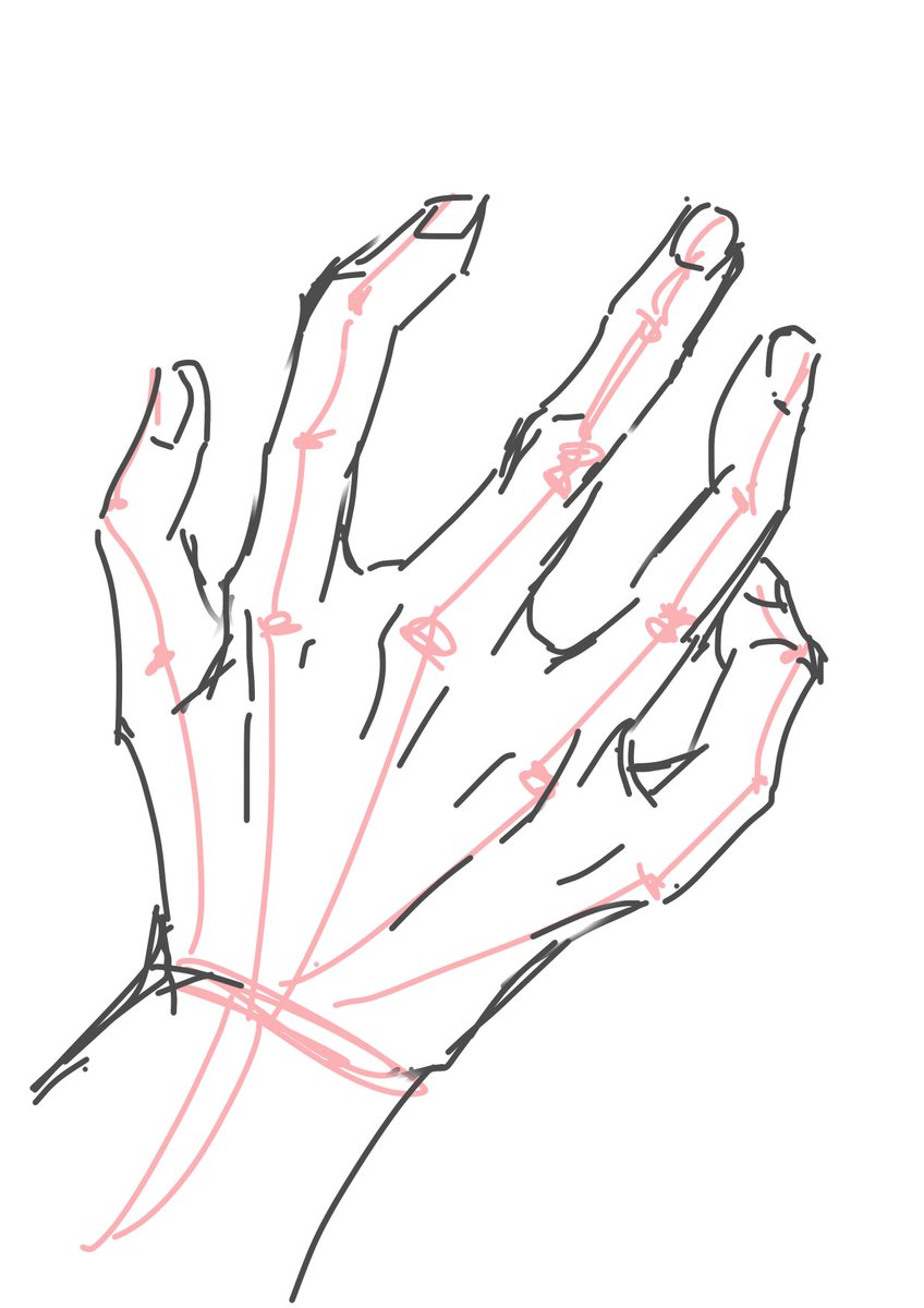 手の描き方、5角形描いて指生やして~とか、シルエット取ってから中描いて〜っと色々書き方あるけど、私が上達したなぁと感じた練習は、指の骨組みを先に描いてから肉付け。 