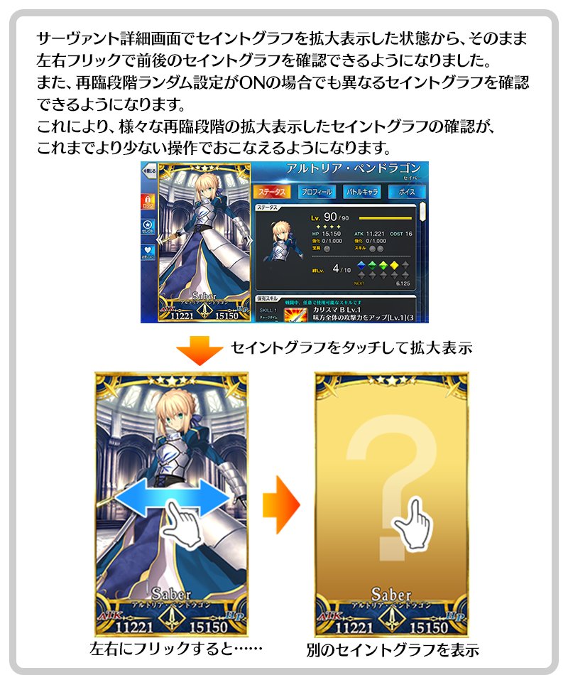 公式 Fate Grand Order Sur Twitter カルデア広報局より Tips セイントグラフ を拡大表示したまま異なる再臨段階のセイントグラフを確認できるようになりました 左右にフリックするだけでサーヴァントのセイントグラフの変化をご堪能いただけます Tips集