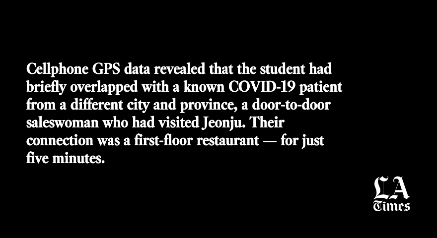 The South Korean study began with a mystery. When a high school senior in Jeonju tested positive for COVID-19 on June 17, epidemiologists were stumped because the city hadn’t had a case in two months. https://www.latimes.com/world-nation/story/2020-12-09/five-minutes-from-20-feet-away-south-korean-study-shows-perils-of-indoor-dining-for-covid-19