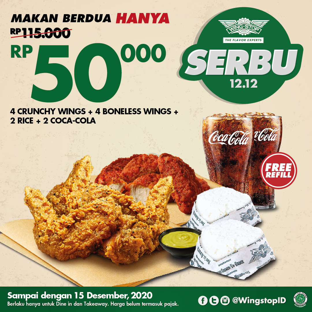 katalogpromosi's tweet photo. WINGSTOP Promo SERBU 12.12 - Makan Berdua 4 Crunchy Wings + 4 Boneless Wings + Rice dan 2 Coca Cola GRATIS Hanya Rp 50.000 aja!
Buruan cek info promo lengkapnya di sini > https://t.co/nUVLtZFvUZ
#wingstop #promo1212 #promowingstop #promo #diskon #infopromo #infodiskon https://t.co/LC5pOa0sbp
