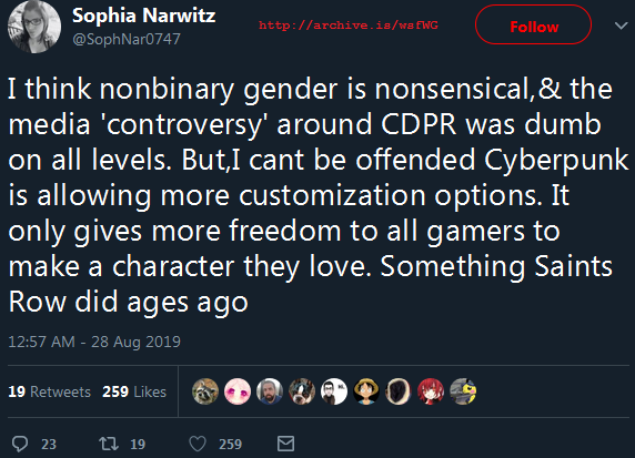 Also, I like how these so-called "anti-SJW" """""Centrists™""""" claim to be against woke shit in games and yet give this game a free pass because "it's cyberpunk" and yet they completely forgot about the times CDPR caved in to ResetEra SJWs and journalists. 2/?