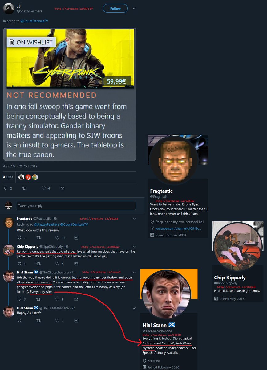 Also, I like how these so-called "anti-SJW" """""Centrists™""""" claim to be against woke shit in games and yet give this game a free pass because "it's cyberpunk" and yet they completely forgot about the times CDPR caved in to ResetEra SJWs and journalists. 2/?