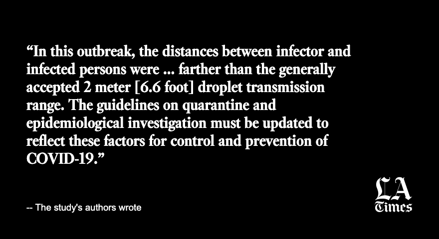 KJ Seung, an infectious disease expert, said the study was a reminder of the risk of indoor transmission as many nations hunker down for the winter. The official definition of a “close contact” — 15 minutes, within six feet — isn’t foolproof. https://www.latimes.com/world-nation/story/2020-12-09/five-minutes-from-20-feet-away-south-korean-study-shows-perils-of-indoor-dining-for-covid-19