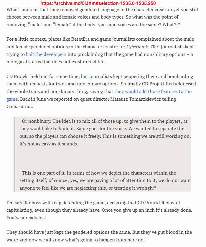 Also, I like how these so-called "anti-SJW" """""Centrists™""""" claim to be against woke shit in games and yet give this game a free pass because "it's cyberpunk" and yet they completely forgot about the times CDPR caved in to ResetEra SJWs and journalists. 2/?