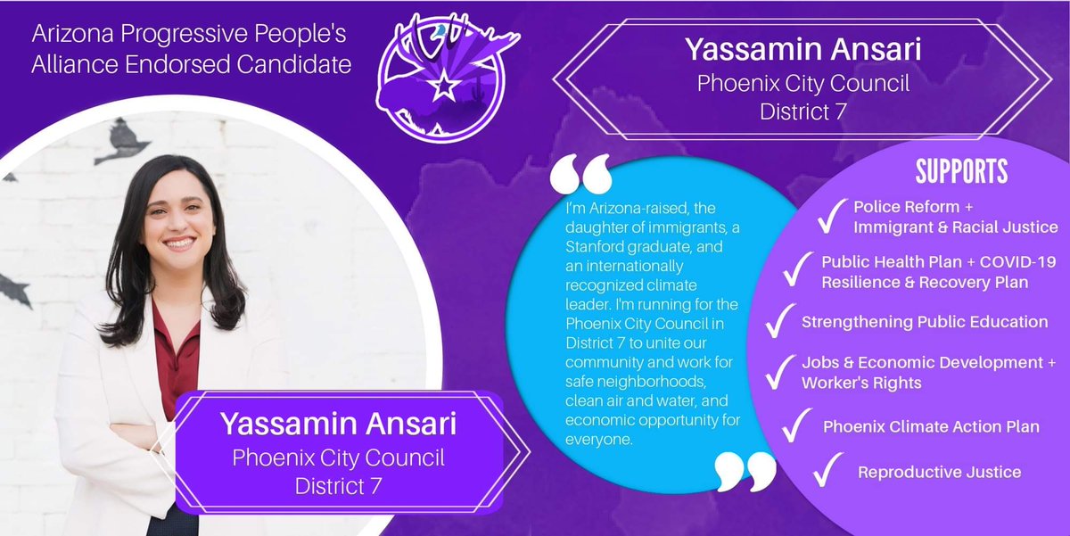 Progress4AZ's tweet photo. The Arizona Progressive People’s Alliance endorses @yassaminansari in the Phoenix City Council District 7 runoff election this March!
#Progress4AZ #VOTE #arizona #Vote2020 #RunOffElection https://t.co/QunFaVsutL