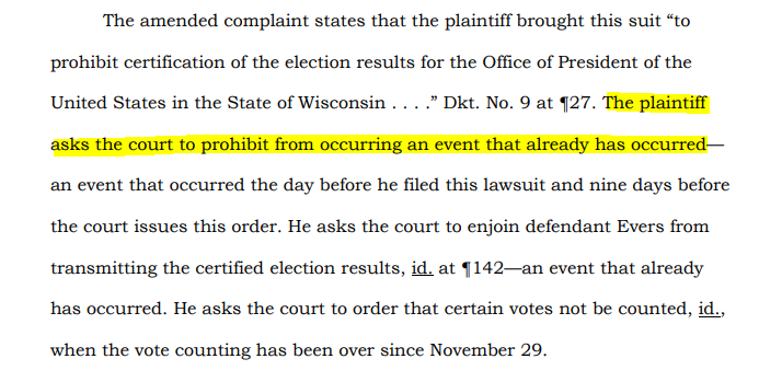 So that's standing. Then the court turns to mootness.You asked for an order to stop counting after counting was finished and to stop certification after certification occurred. NOPE