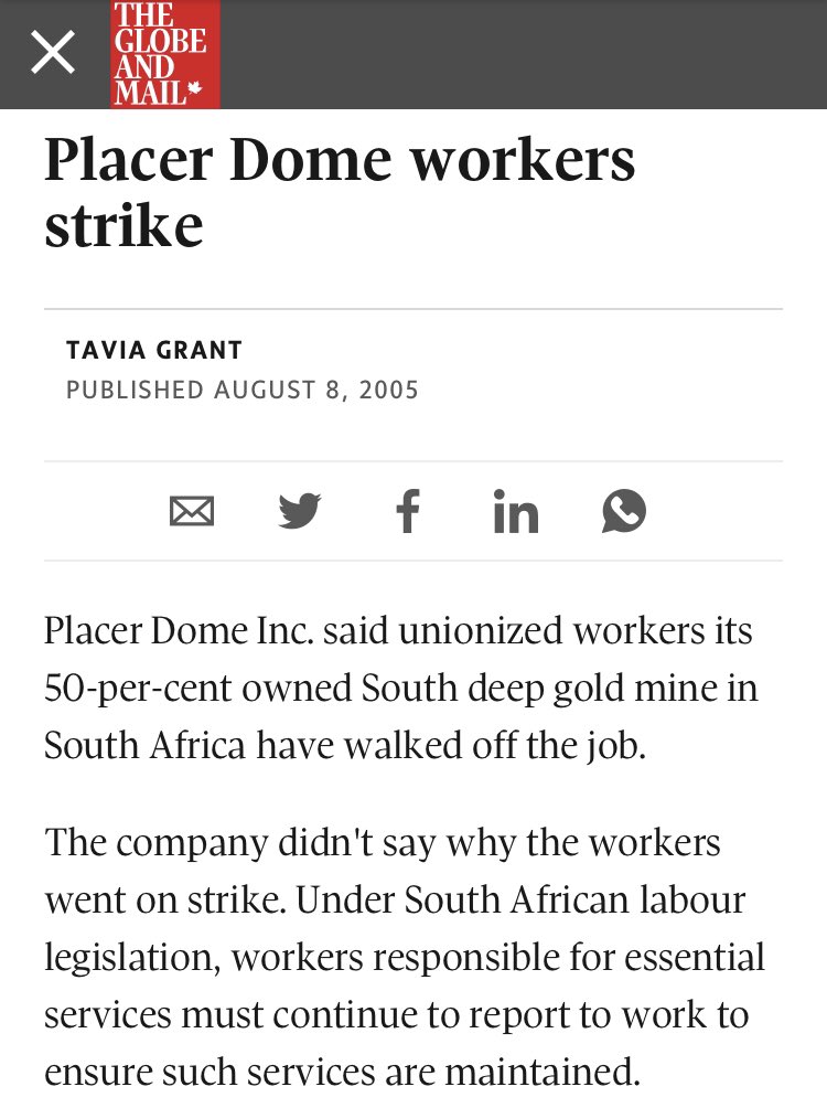 Flash forward about a decade, and South African workers voted the Canadian-owned Placer Dome mine the country’s second worst employer (2001). As scholars of SA have long noted, the victory against Apartheid was limited by the conditions placed upon it by the western powers. (34)