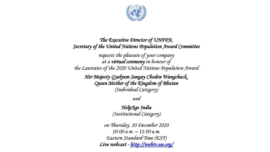 Helpageindia's tweet image. We are honored to be the first Indian non-profit organization to be awarded the ‘2020 UN Population Award’. Join us for the prestigious event TODAY 10.12.2020 at 8:30 pm (IST). 
Live Webcast from #NewYork - webtv.un.org 
@UNFPA #ShowEldersUCare #UNAward #eldercare