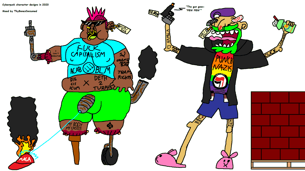 And since I'm making a tweet thread about this game, I might as well repost this artwork I originally made last year (and edited earlier this year) that pokes fun at modern cyberpunk character designs. 5/?