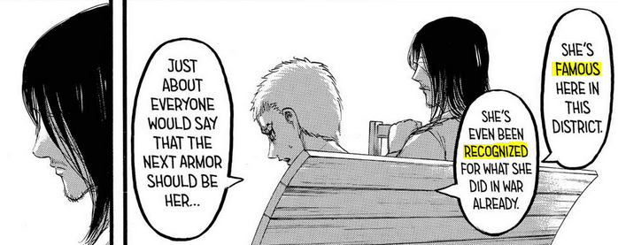 Back to ch. 97:Eren thinks: oh... I guess I know this...*Eren reaches enlightenment*Also Eren: "Is this talented candidate.... a girl?"Falco: "She is famous and recognized"Also Falco: "But I'm powerless"*Eren feels personally touched by this impotence...*