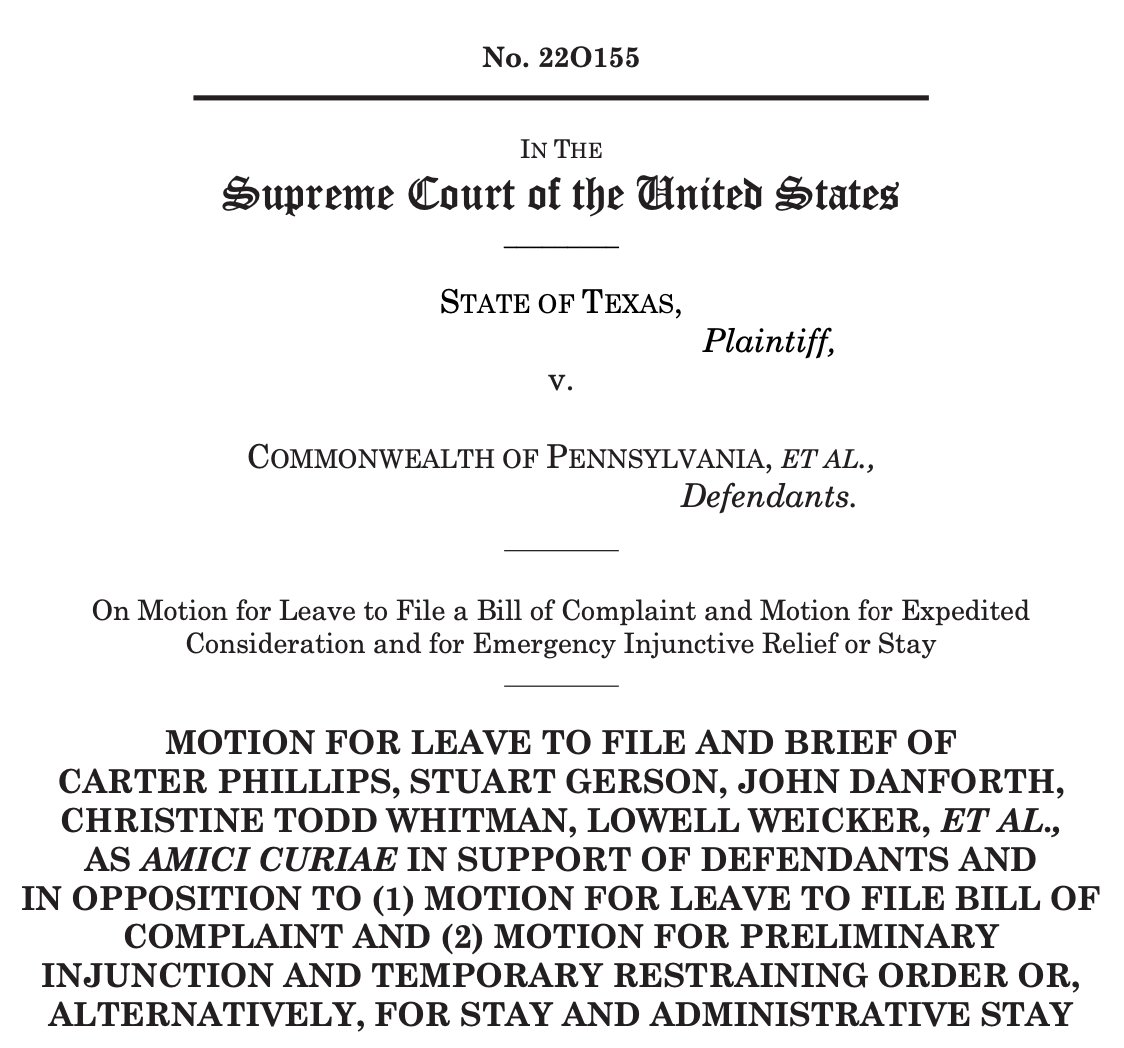 In addition to Trump's filing (more on that) in the Texas case, there were 3 other submissions today. Amusingly, each was presented in a different way. The Carter Phillips et al., filing, unsurprisingly, got it together correctly — and obliterates Texas.  https://www.supremecourt.gov/DocketPDF/22/22O155/163215/20201209144840609_2020-12-09%20-%20Texas%20v.%20Pennsylvania%20-%20Amicus%20Brief%20of%20Missouri%20et%20al.%20-%20Final%20with%20Tables.pdf