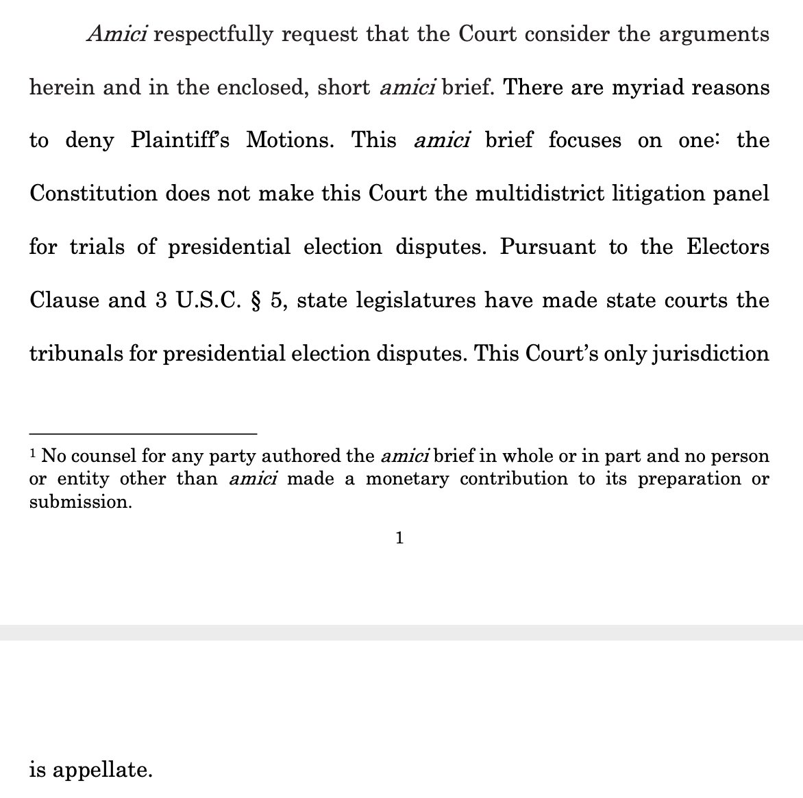 In addition to Trump's filing (more on that) in the Texas case, there were 3 other submissions today. Amusingly, each was presented in a different way. The Carter Phillips et al., filing, unsurprisingly, got it together correctly — and obliterates Texas.  https://www.supremecourt.gov/DocketPDF/22/22O155/163215/20201209144840609_2020-12-09%20-%20Texas%20v.%20Pennsylvania%20-%20Amicus%20Brief%20of%20Missouri%20et%20al.%20-%20Final%20with%20Tables.pdf