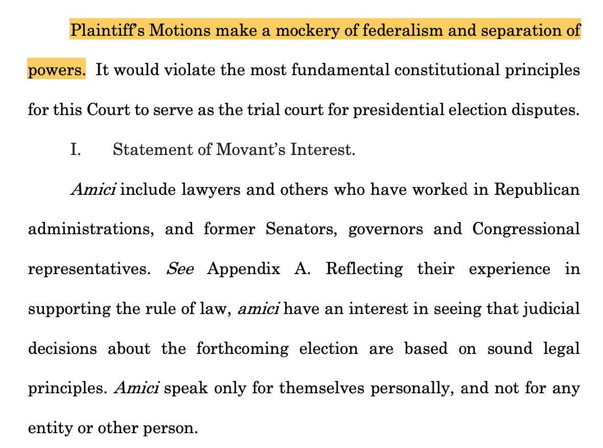 In addition to Trump's filing (more on that) in the Texas case, there were 3 other submissions today. Amusingly, each was presented in a different way. The Carter Phillips et al., filing, unsurprisingly, got it together correctly — and obliterates Texas.  https://www.supremecourt.gov/DocketPDF/22/22O155/163215/20201209144840609_2020-12-09%20-%20Texas%20v.%20Pennsylvania%20-%20Amicus%20Brief%20of%20Missouri%20et%20al.%20-%20Final%20with%20Tables.pdf