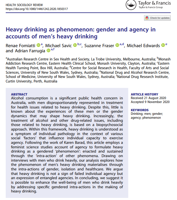 New article out in @HealthSocRev w @MikeySavic, @suzannemfraser, @adrianfarrugia1 (& M. Edwards) on men's 'heavy drinking'. Drawng on Karen Barad, we argue for a reconceptualisation of the problem to better acknowlege the intra-action of gender, isolation, belonging & healthcare.