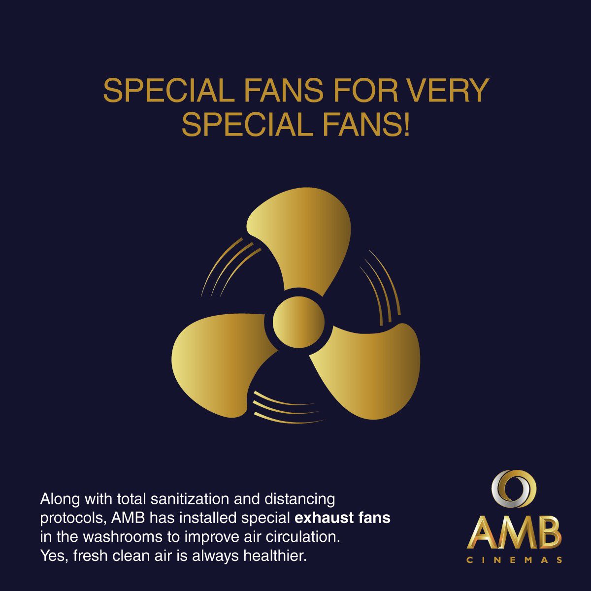 Little things do make a difference. We have installed special exhaust fans in the washrooms to improve air circulation. Clean air is always healthier! #SpecialFans #ExhaustFans #AirCirculation #FreshCleanAir #AMBCinemas