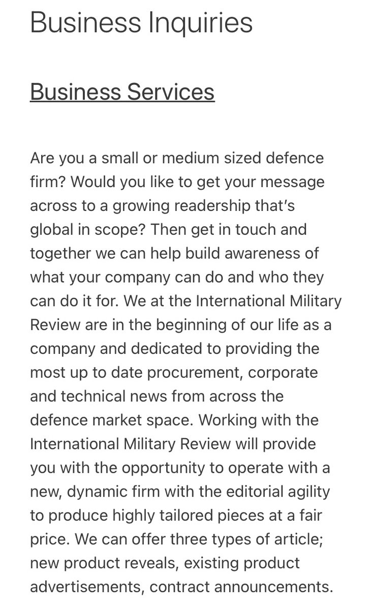 IntMilReview's tweet image. If you’re a #small or #medium sized #business in the #defense sector you can contact us to find out more about our #bespoke article #writing service for product reveals, product advertisements and contract announcements 

Contact us at: 

internationalmilitaryreview@gmail.com