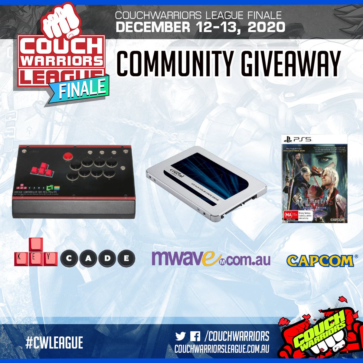 CouchWarriors's tweet image. COMMUNITY GIVEAWAY!
To celebrate #CWLeague Finale, you can WIN a KeyCade arcade controller (x1), a NAND SSD (x1), or a copy of Devil May Cry PS4! (x4)
Enter here bit.ly/CWLeagueGiveaw…

Thanks to @KeyCadeArcade @Mwave @CapcomAustralia!