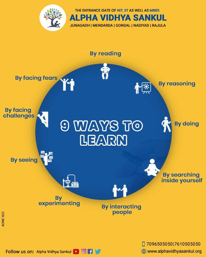 AlphaSankul's tweet photo. 9 ways to learn something in lifeβ¦
#Learn #Leaning #School #LearningInLife #AlphaVidhyaSankul https://t.co/ddP2BQ140r