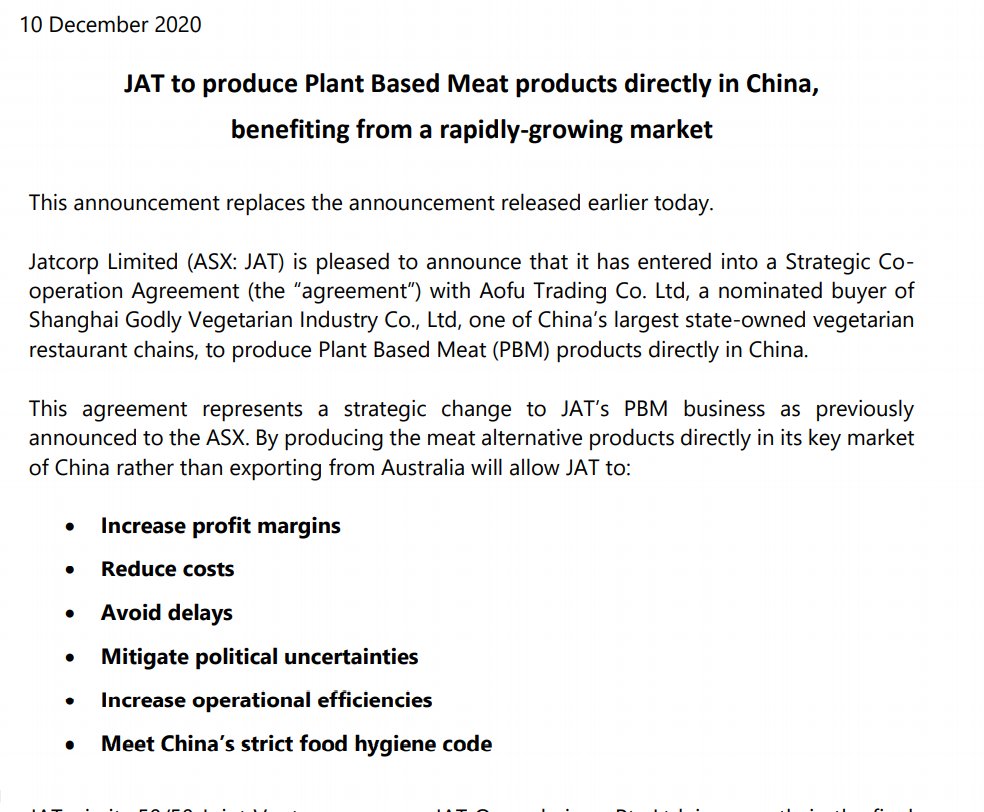 Jatenergy's tweet photo. JAT to produce plant based meat products directly in China, placing JAT at the forefront of a rapidly growing industry.

View the full ASX announcement: https://t.co/SQ8Py9zZ4j https://t.co/ipWUKD35JF