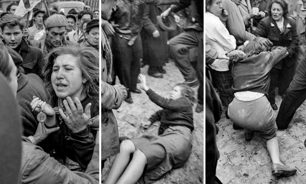 This woman who worked in the same building is beaten up by an angry mob.