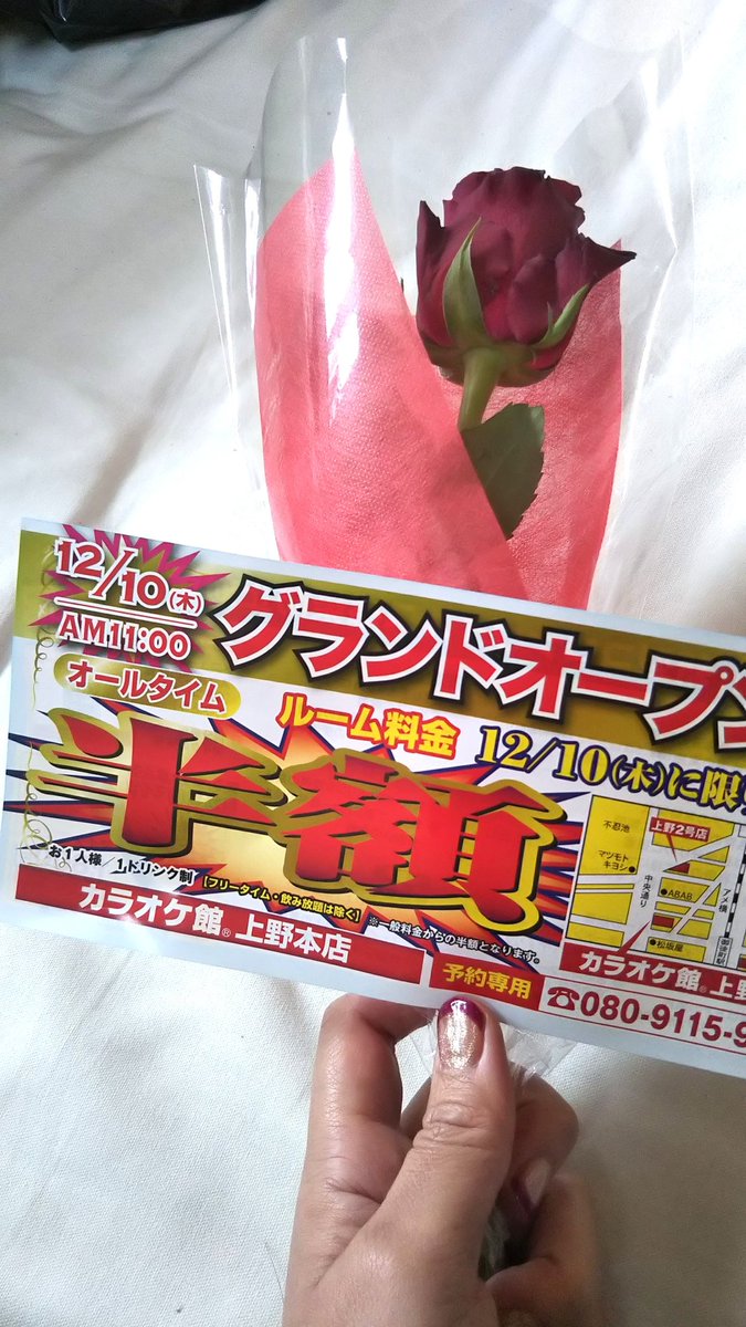 ホットケーキミックス カラオケ館上野本店が今日オープン 10日の今日だけはルーム料金半額だよ さっきお店の前を歩いてたらバラの花をもらったからお礼に宣伝しちゃう カラオケ館 ホットケーキミックス カラオケ館上野本店が今日オープン 10日の今日だけはルーム料金半額だよ さっきお店の前を歩いてたらバラの花をもらったからお礼に宣伝しちゃう カラオケ館