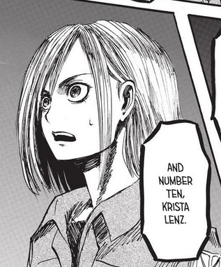 Meanwhile Historia:(To note that freckled Ymir made up a farce to make her enter the top ten and save her just as Marcel lied to make Reiner looks better and save Porco)Not to belittle her but I don't get why would Eren feels inferior towards her skills. And look at her face...