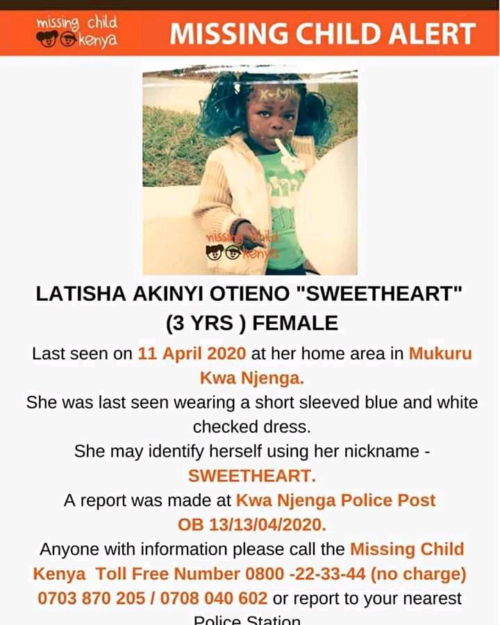 Guys please assist me in finding the where bouts of my daughter, pictured there who got lot earlier April, family contacts 0703870205, 0708040602