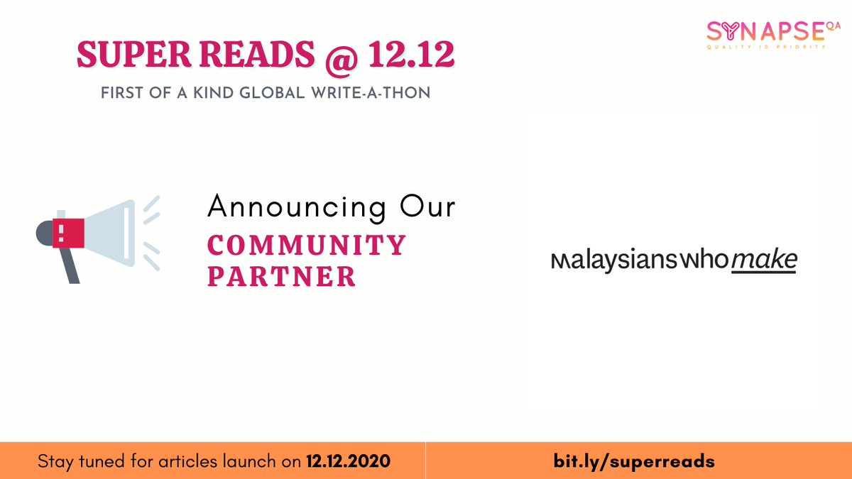 synapse_qa's tweet photo. Thanks to "@malaysiansmake" for being a community partner &amp; @rachelhxw for supporting us for SUPER READS @ 12.12

Stay tuned for the article launch on 𝟭𝟮.𝟭𝟮.𝟮𝟬𝟮𝟬 @ 𝟭𝟮.𝟭𝟮 𝗔𝗠 𝗠𝗬𝗧

Event Details: https://t.co/sD0kHhDoe7

Malaysians Who Make: https://t.co/Ug8zE61iFe https://t.co/lngu6nMBBg