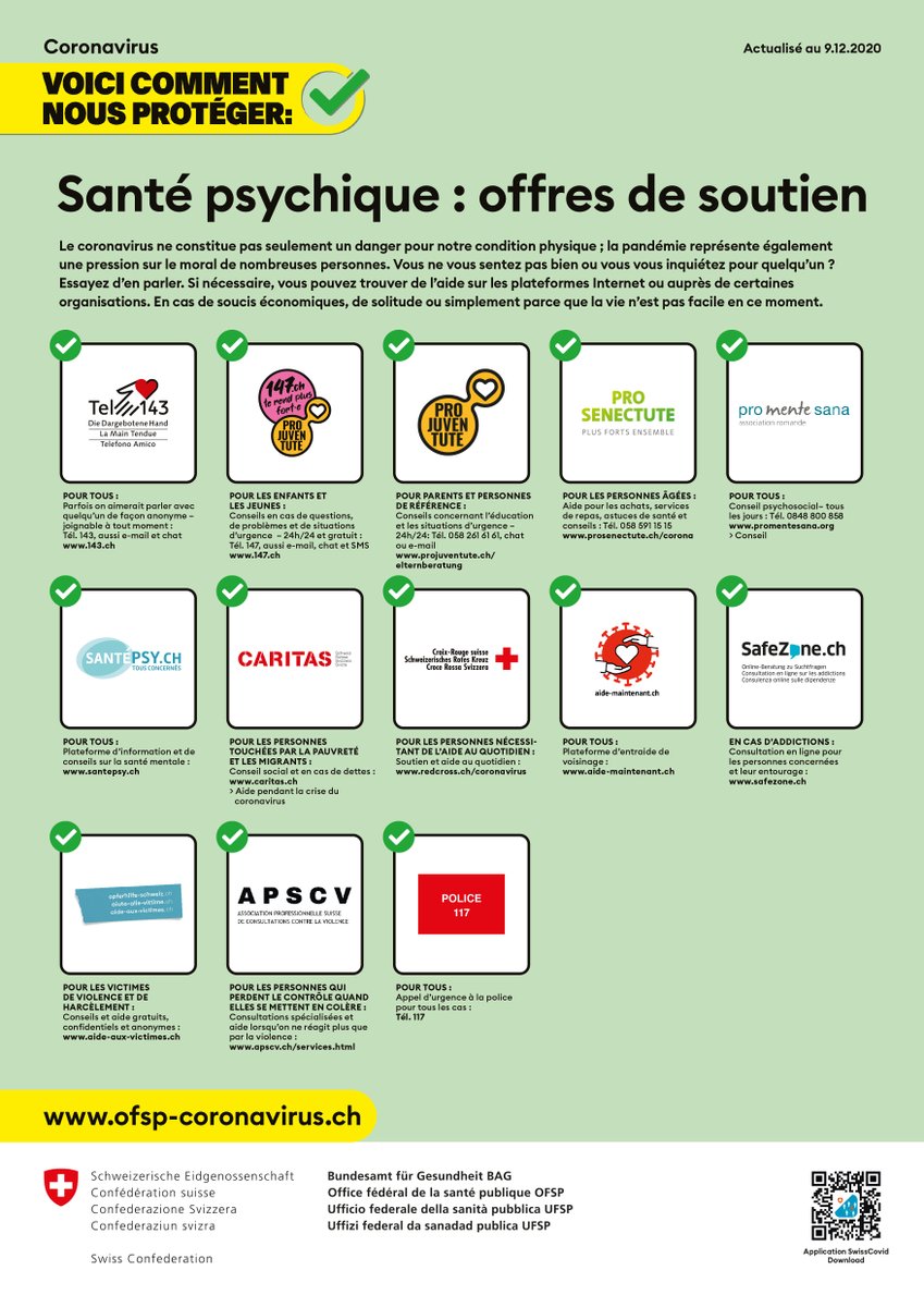 BAG – OFSP – UFSP (@bag_ofsp_ufsp) on Twitter photo #enparler Trouver de l’aide
Journée d’action pour renforcer la santé psychique en période de coronavirus.
<a href="/projuventute/">Pro Juventute</a> <a href="/prosenectute/">Pro Senectute</a> @caritassuisse <a href="/CroixRouge_CH/">Croix-Rouge suisse</a> <a href="/hilfjetzt/">hilf-jetzt.ch | aide-maintenant.ch</a> <a href="/SafeZone_ch_fr/">SafeZone.ch</a>
ofsp-coronavirus.ch/aide/ #enparler Trouver de l’aide
Journée d’action pour renforcer la santé psychique en période de coronavirus.
<a href="/projuventute/">Pro Juventute</a> <a href="/prosenectute/">Pro Senectute</a> @caritassuisse <a href="/CroixRouge_CH/">Croix-Rouge suisse</a> <a href="/hilfjetzt/">hilf-jetzt.ch | aide-maintenant.ch</a> <a href="/SafeZone_ch_fr/">SafeZone.ch</a>
ofsp-coronavirus.ch/aide/