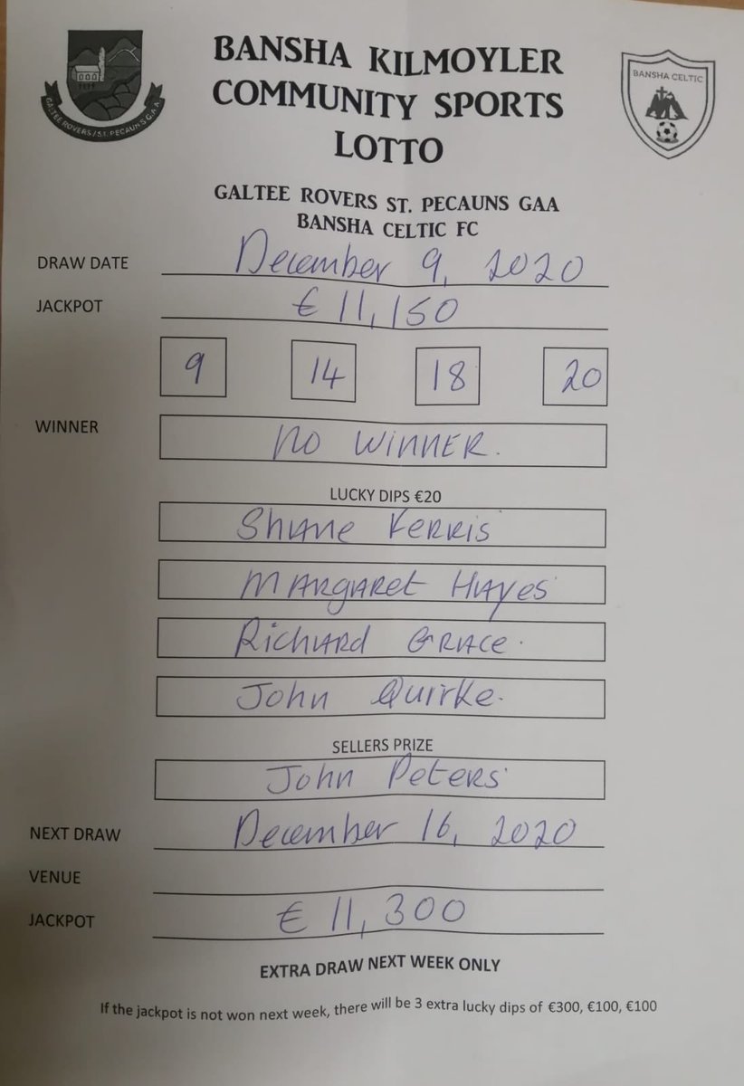This weeks lotto results.... No winner congrats to all lucky dip winners.... next weeks draw takes place Wednesday 16th December.... jackpot €11300 💶💶💶
