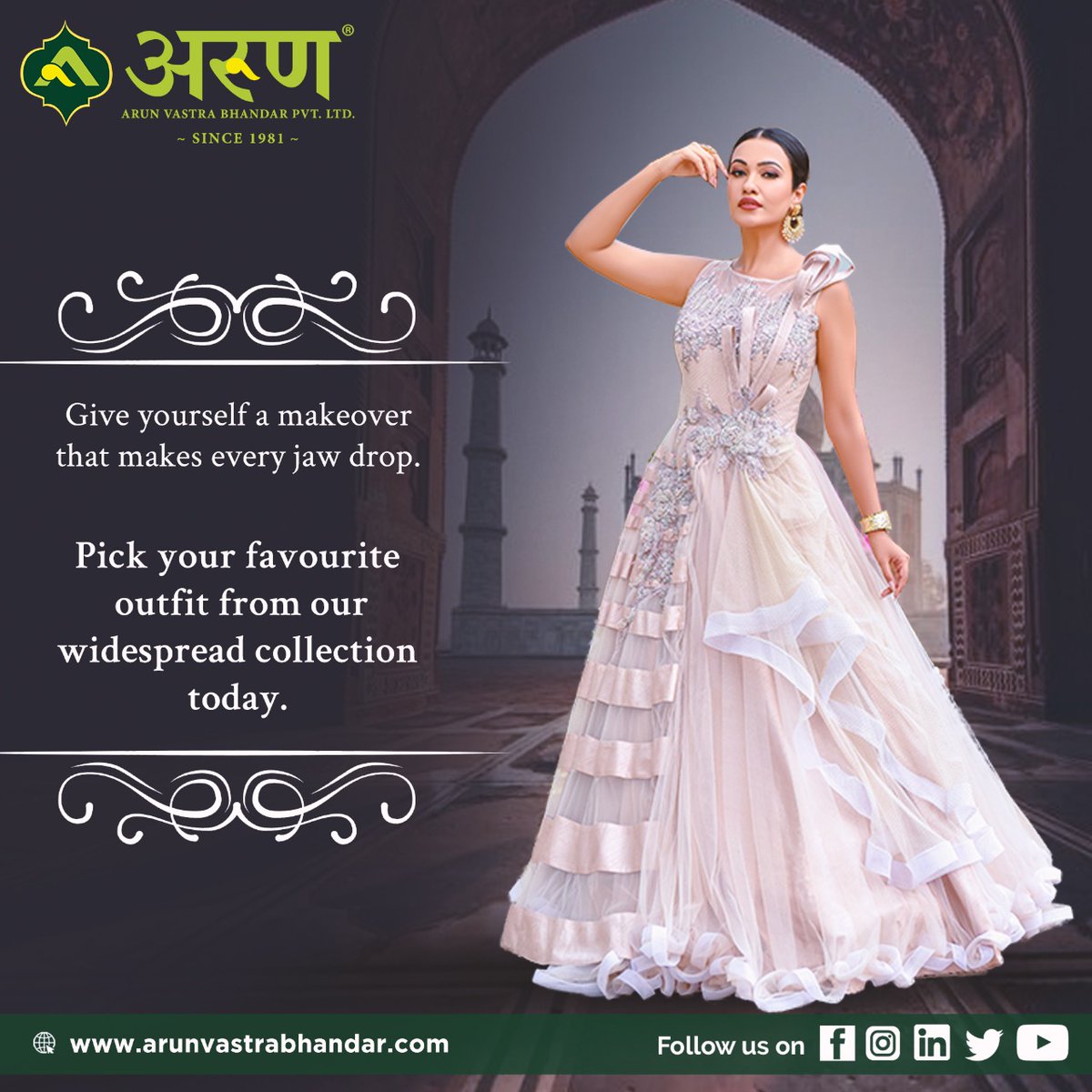 Arun Vastra Bhandar Pvt. Ltd. - Buy beautiful gowns that capture the beauty  of your look, Book your online appointment for shopping Contact us at:  +91-9319692302, 03 #Arunvastrabhandar #Newcollection #Ethnicwears #Fashion  #Elegance #