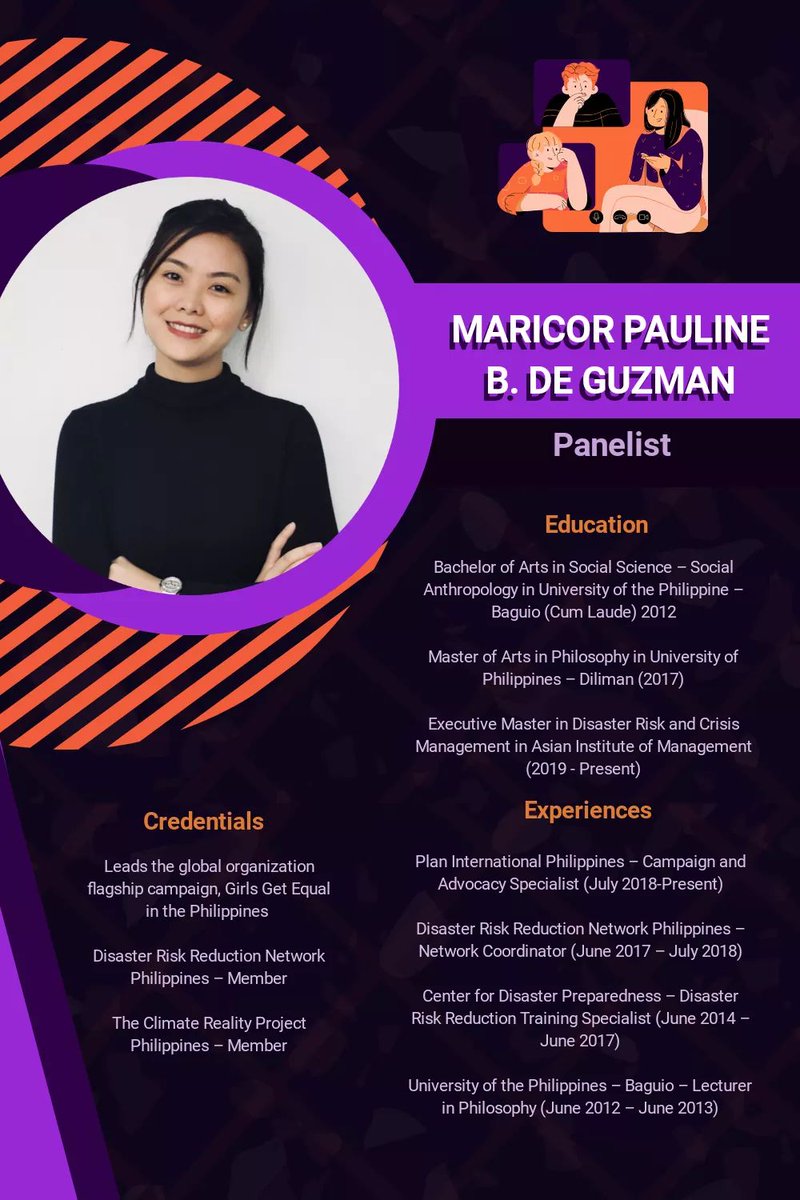 Are you excited to get to know our panelists for EmpowerTalk? Well, here’s a sneak peek of the background of our first panelist!

Our first panelist is Ms. Maricor Pauline B. De Guzman of Plan International Philippines!