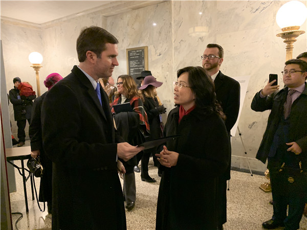December 9-11, 2019Minister Xu Xueyuan led a delegation to visit the Commonwealth of Kentucky and attended the Inauguration Ceremony of Governor Andy Beshear in Frankfort.Governor Beshear welcomed Minister Xu. http://www.china-embassy.org/eng/sgxw/sghds/t1725094.htm