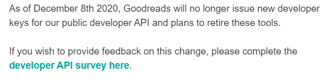 BenVanCitters's tweet photo. The #goodreads API is going offline :( https://t.co/MyjwNBMEwx