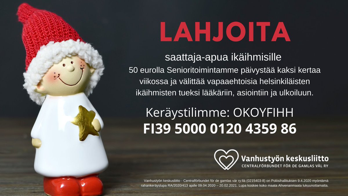Lahjoita hyvää ensi vuodelle. Kerätyt varat käytetään <a href="/VTKL10/">Vanhustyön kl - VTKL</a> toiminnan piirissä olevien iäkkäiden ihmisten osallisuuden lisäämiseen, toimintakyvyn ja hyvinvoinnin edistämiseen. #ArvokasVanhuus