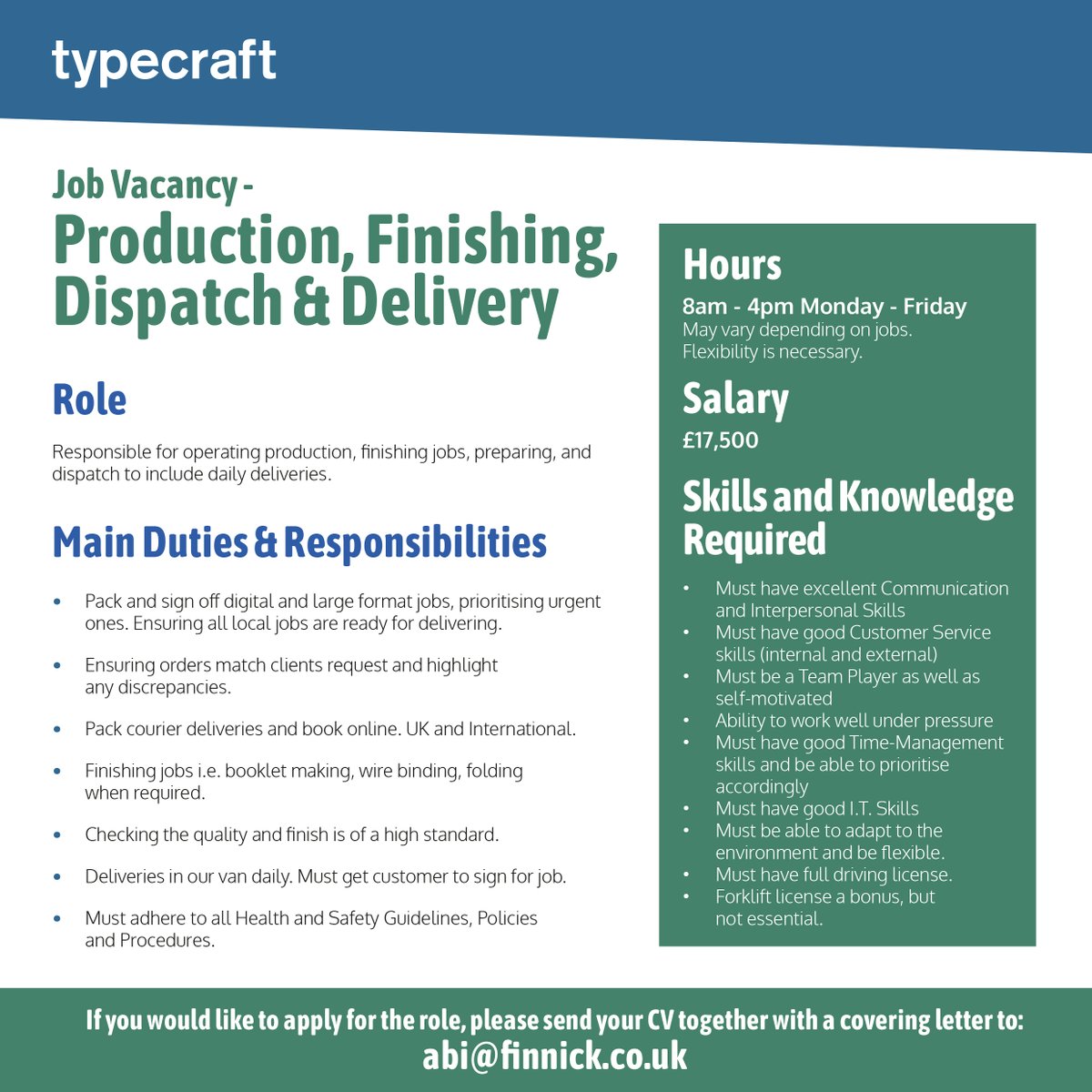 We are Recruiting!

If you are seeking a change or looking to join a dynamic and experienced team, send your CV and a covering letter to abi@finnick.co.uk. We would love to hear from you. #Jobs #JobVacancy #PRINTING #Cheltenham