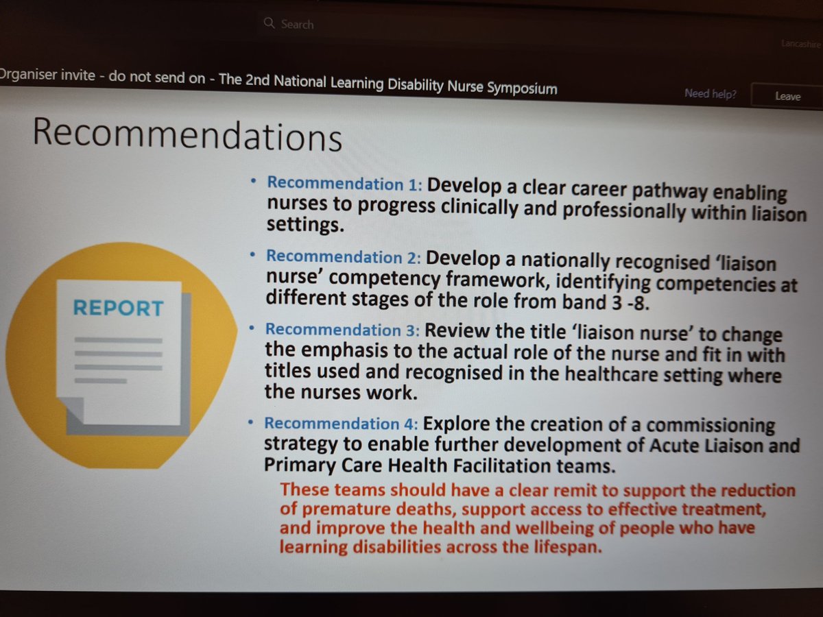 ChrisHutchRNLD's tweet image. Hearing from the fabulous @GwenMoulster about the research into #LearningDisabilityNurses who work in a specialist liaison role. Highly valued by people and families. Need a)more posts, b)be better embedded, c)strategic support d) be better connected e)have a career pathway