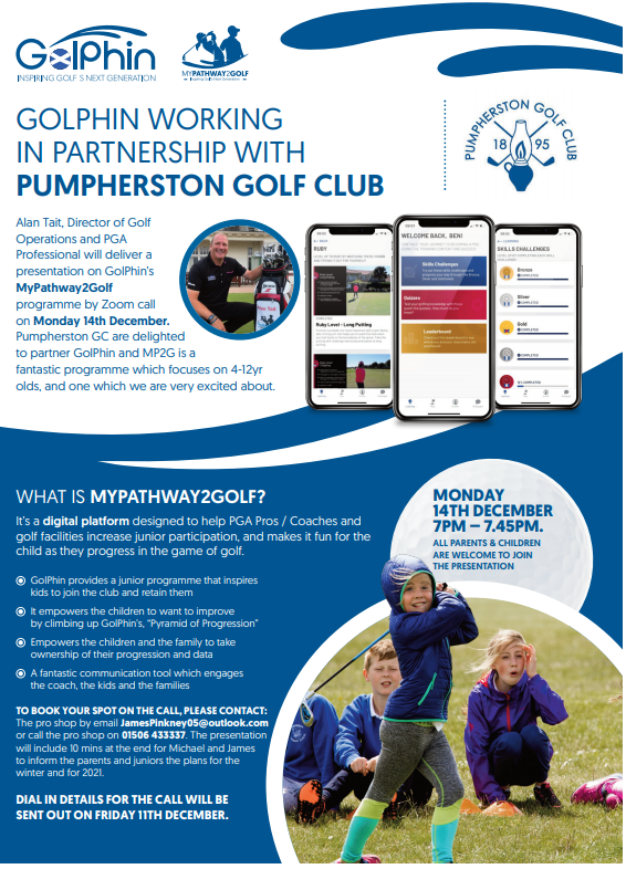 m_brooks_golf's tweet photo. Brilliant NEW Junior Coaching program coming to @Pumpherstongolf if your children or grand children (and their buddies) are looking to get involved then check out why MYPATHWAY2GOLF is a perfect fit! ZOOM meeting 7-7.45pm Mon 14th Dec, ALL WELCOME @PinkneyPga @AlanTait9 https://t.co/p5JQbA42qD