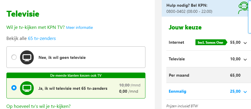 Psst.. <a href="/KPNwebcare/">KPN Webcare</a> Ik ben even aan het kijken naar wat abonnementjes bij jullie voor tv &amp; internet, er zit echter een foutje in jullie website. Thought you should know. Dit was namelijk wel te mooi om waar te zijn. Televisie is niet gratis als je de sonos of headset selecteert
