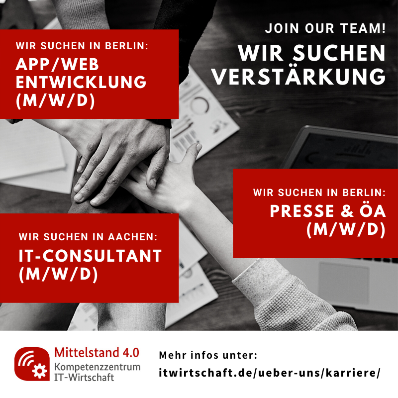ItWirtschaft's tweet photo. JOBS / Wir suchen Verstärkung und #Teamplayer! Aktuell sind im #KIW drei Stellen mit spannenden Aufgaben zu besetzen: IT-Consultant, App/Web-Entwicklung und Presse &amp; Öffentlichkeitsarbeit (m/w/d). Hier gibt es mehr Infos:👉https://t.co/4v9MEWXD7k #jobs #itjobs https://t.co/8sKQpuyWMP