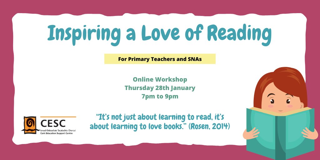 cork_cesc's tweet photo. Inspiring a Love of Reading
Online Workshop for Primary Teachers & SNAs.
The focus of this talk will be on supporting teachers & SNAs in encouraging children to read for pleasure.
More information & bookings here: https://t.co/DRCQUt08LM
#CPDatHome #readingforpleasure #literacy https://t.co/mIsYzMjGGk