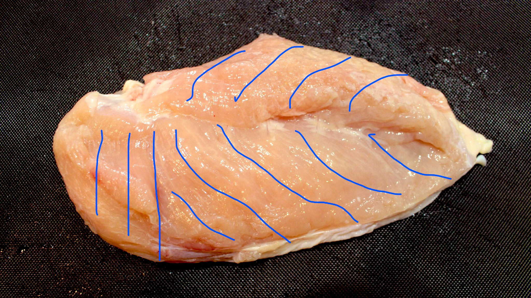 つくりおき食堂まりえ 鶏むね肉がやわらかくなる切り方 1 繊維の向きを意識する 2 繊維の向きが変わるところで３つに切る 3 繊維の向きに直角に 繊維を断つように 包丁でそぎ切りにする 切り方を意識するだけで ムネ肉がびっくりする