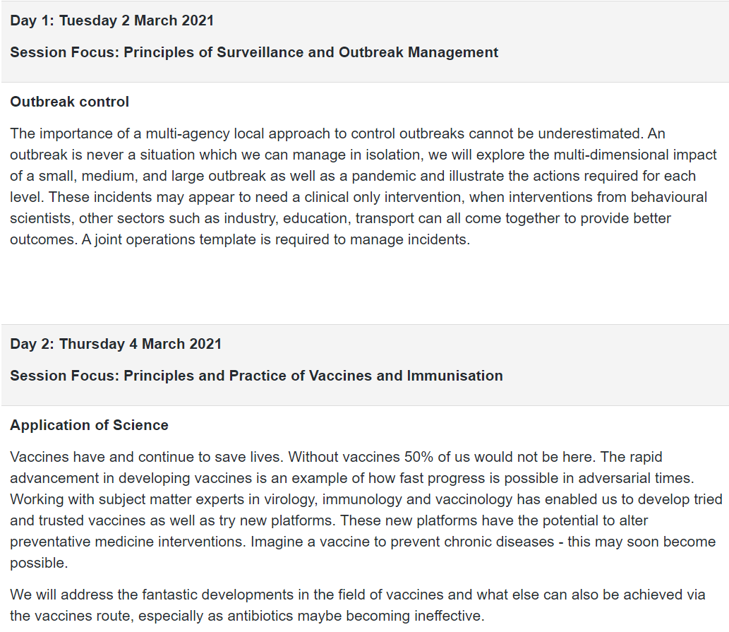 ExeterMedCPD's tweet photo. Take a look at the topics we're covering for the Principles of #healthprotection course @exetermed. Such variety! Join @doctorshaib and the team from 2 March 2021. Book now! https://t.co/DRYtanYNIt 

#climatechange #outbreakcontrol #vaccines #planetaryhealth https://t.co/5G0Q5RYqCS